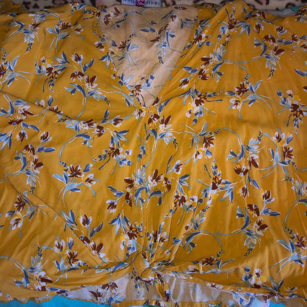 yellow floral crop top and white long sleeve shirt
